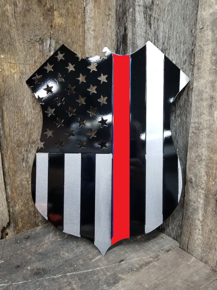 Firefighter's Support Thin Red Line Shield Flag Steel Sign - Click Image to Close